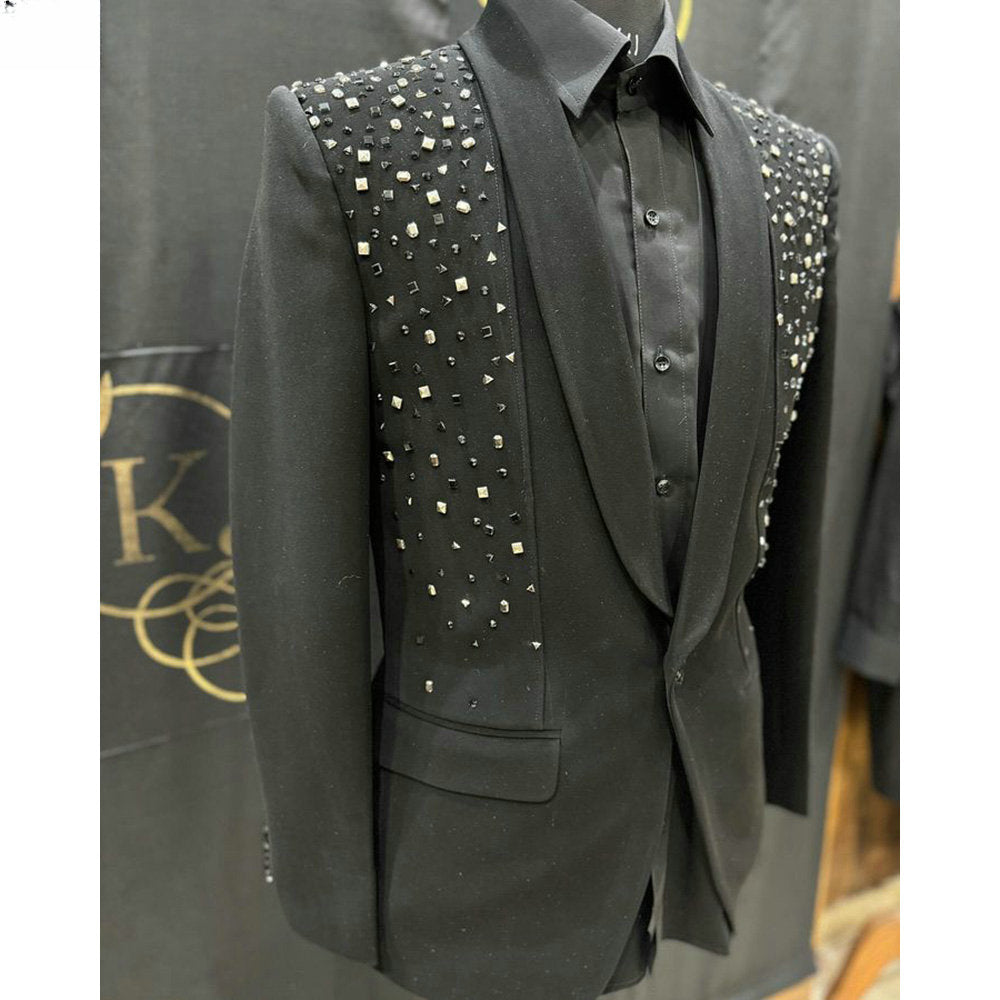Costumes noirs pour hommes, diamants, perles, marié, mariage, smoking, ensembles 2 pièces, dîner, bal, blazers, Terno Masculino Completo