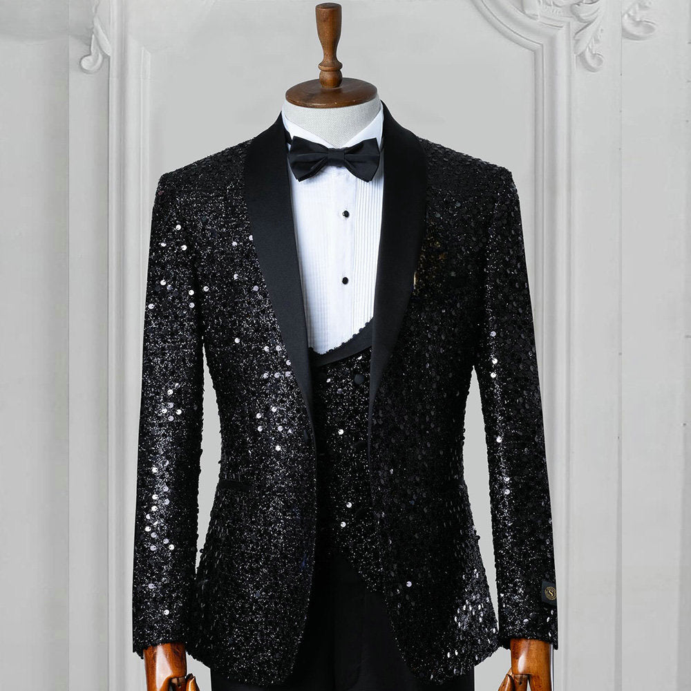 Black Sequined Groom Wear Formal Men Suits 3 Piece Jacket Vest And Pants Sets Smart Casual Business Blazer