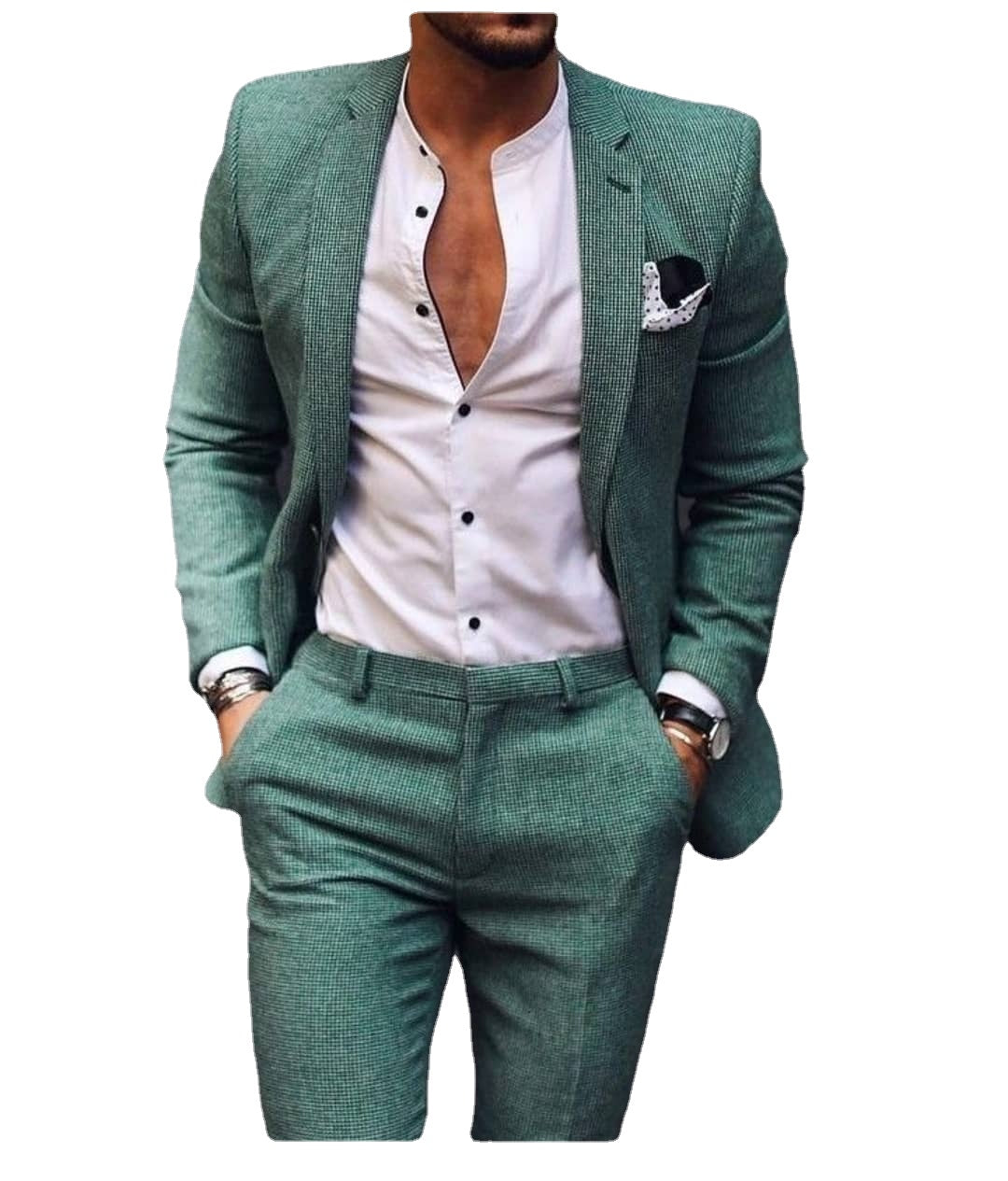 Trajes de boda de tweed verde para hombre, 2 piezas, invierno, lana gruesa, para novio, fiesta, graduación, chaqueta de negocios 