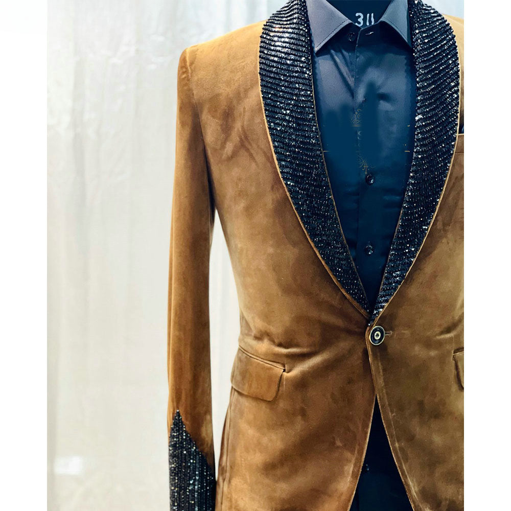 Khaki Velvet Groom Wear Formal Men Suits Black Beading Crystal 2 Piece Jacket Pants Sets Smart Casual Business Blazer