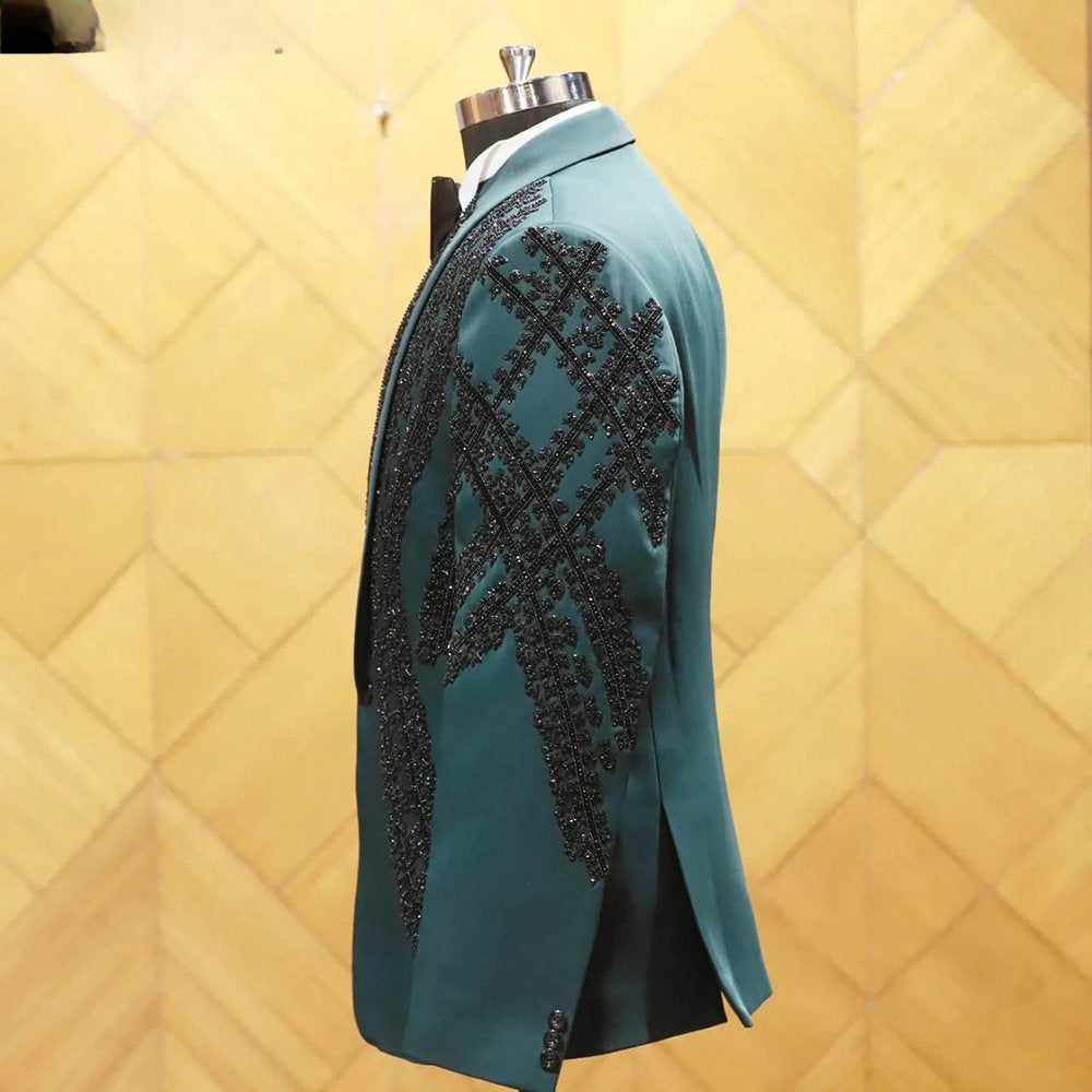 Smoking de mariage vert pour homme, costume trois pièces formel avec perles en cristal, sur mesure, blazer noir pour bal de promo, mode masculine