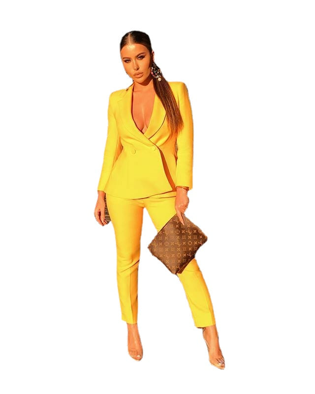 Trajes de negocios amarillos de 2 piezas con cuello en V para mujer, trajes de madre a medida, trajes formales de noche, esmoquin (chaqueta + pantalón) 