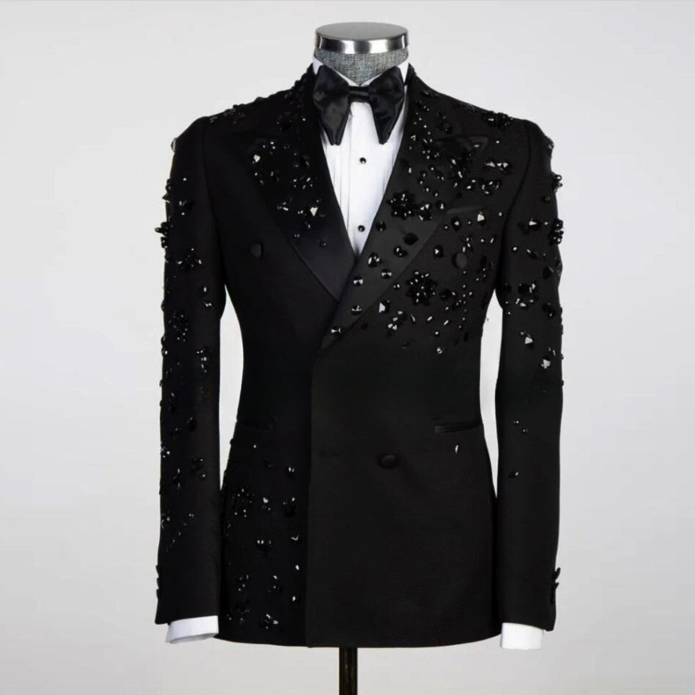 Costumes de mariage formels pour hommes, coupe ajustée, veste et pantalon noirs perlés, ensembles 2 pièces, mode masculine, smokings sur mesure pour bal de promo
