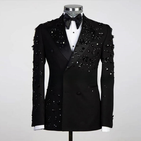 Formal Wedding Suits for Men Fit Slim Black Beading Jacket Pants 2 Pieces Sets Male Fashion Groom Custom Made Tuxedos Prom Party