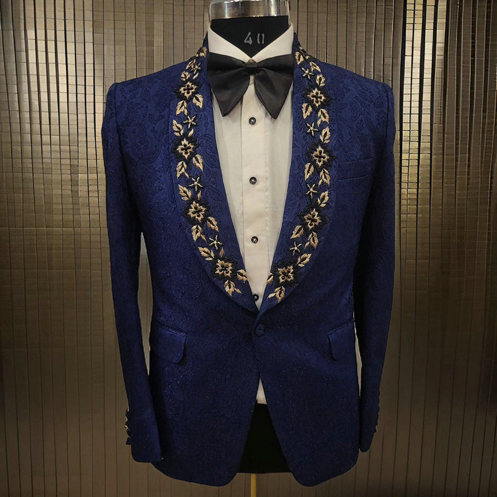 Royal Blue Jacquard Weave Men Suits Appliques Groom Wedding Tuxedos 2 Pieces Sets Dinner Prom Blazers Terno Masculino Completo