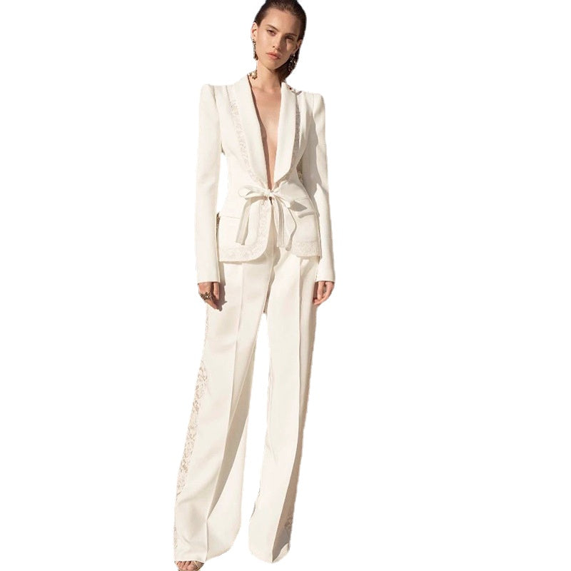 Costume de mariage deux pièces en dentelle blanche ivoire pour femme, veste d'hiver, tenue de soirée, tenue de soirée, sur mesure