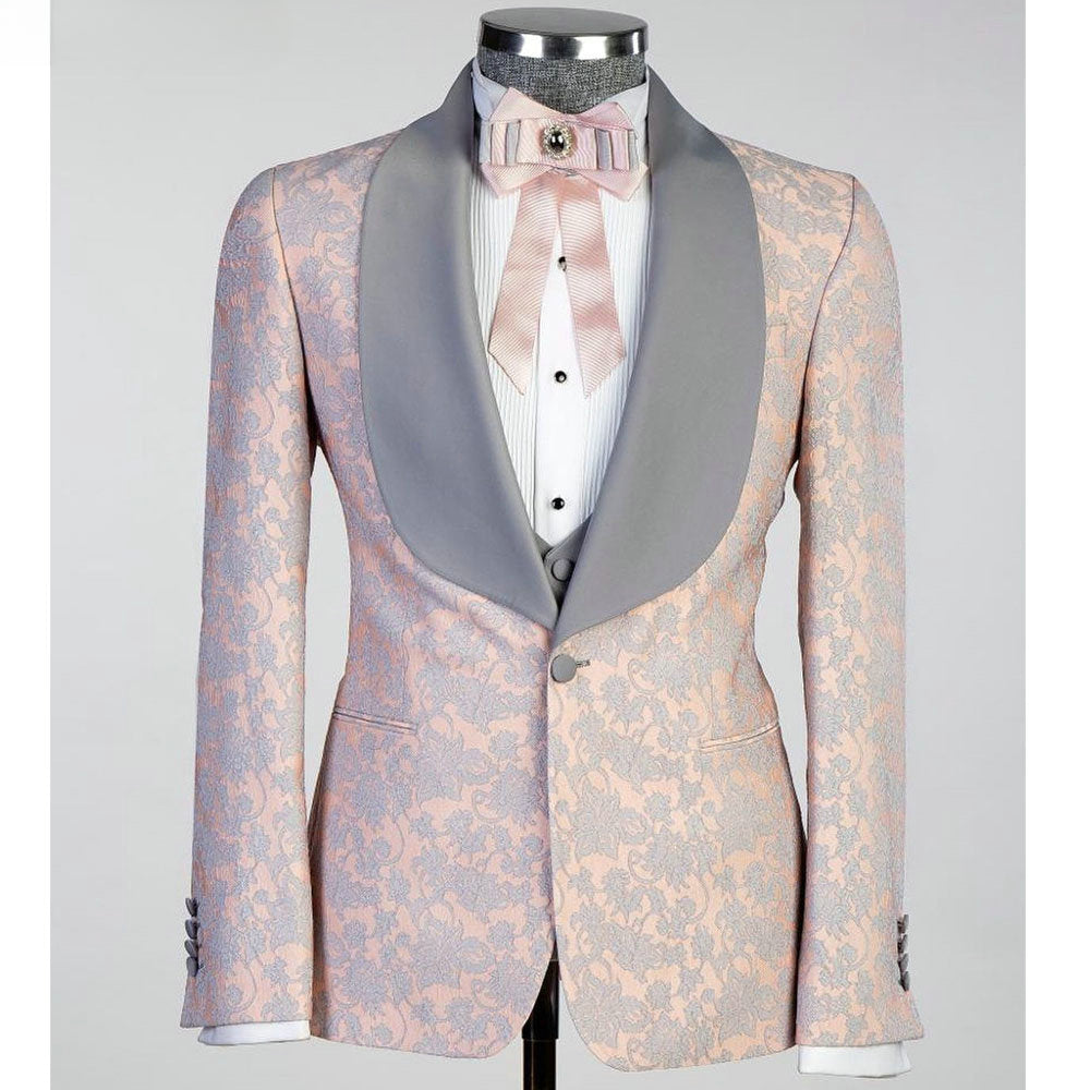 Pink Formal Evening Party Men Suits Floral Jacquard Weave Three Pieces Groom Wear ( Jacket + Vest + Pants )