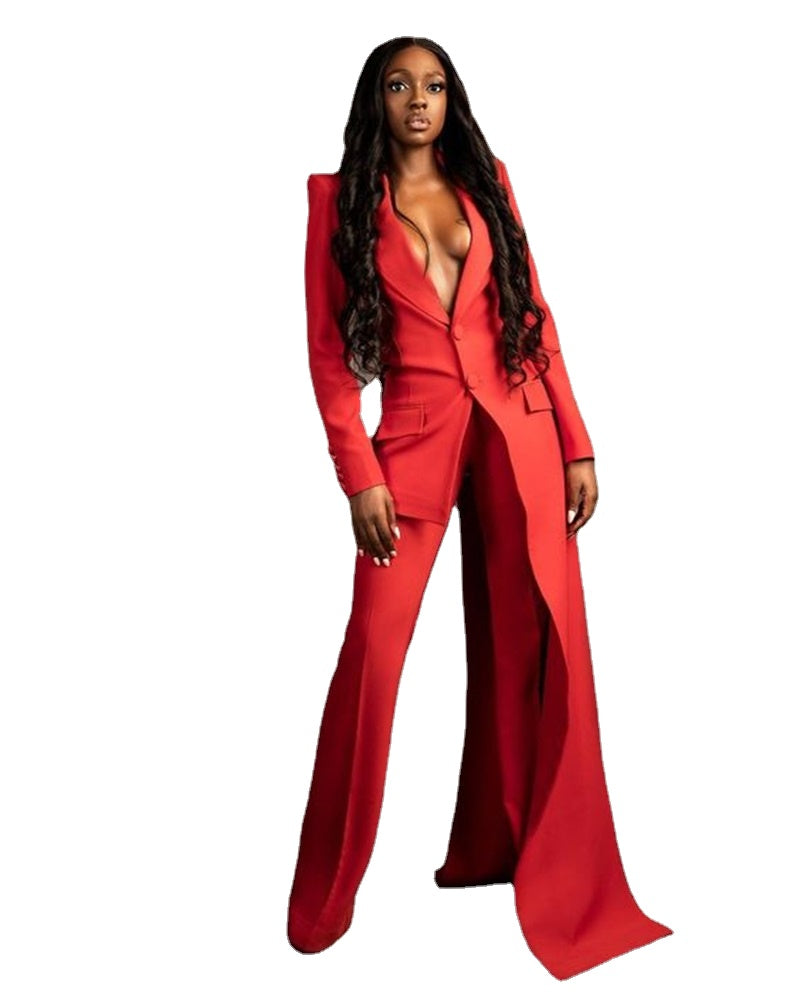 Ensemble 2 pièces rouge pour femme, blazer super long, pantalon large, sur mesure, pour le bureau, longueur au sol, robe de soirée 