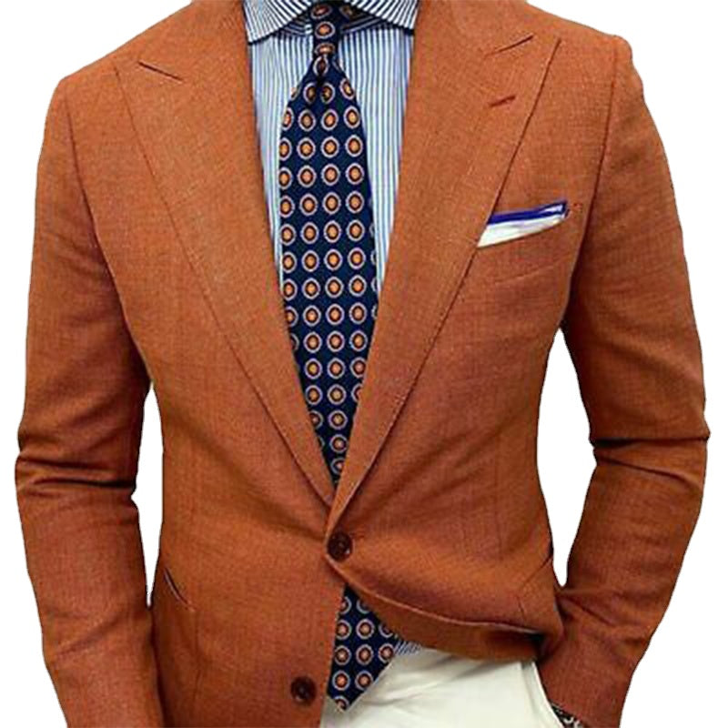 Orange Slim Fit Linen Men Suit With Ivory Pants Groom Wedding Tuxedo Prom Wedding Business Suit