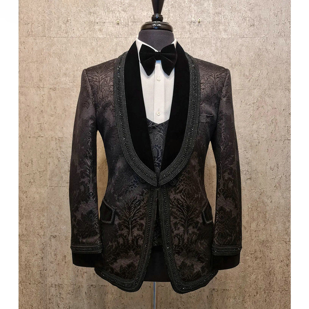 Black Beading Pearls Groom Wear Jacquard Formal Men Suits 3 Piece Jacket Vest Pants Sets Smart Casual Business Blazer