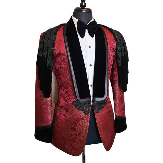 Traje de dos piezas con cuentas de cristal rojo para hombre, tejido jacquard, para fiesta de noche, chaqueta y pantalón (chaqueta + pantalón)