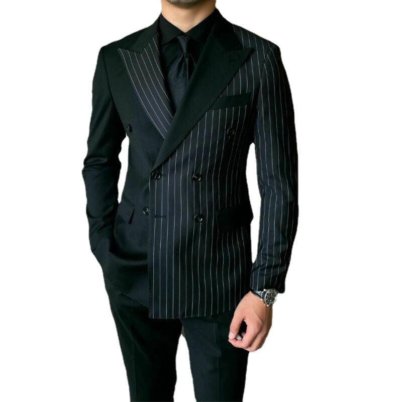 Costume rayé noir pour homme, revers en pointe, croisé, pour mariage, smoking, une pièce, veste sans pantalon 