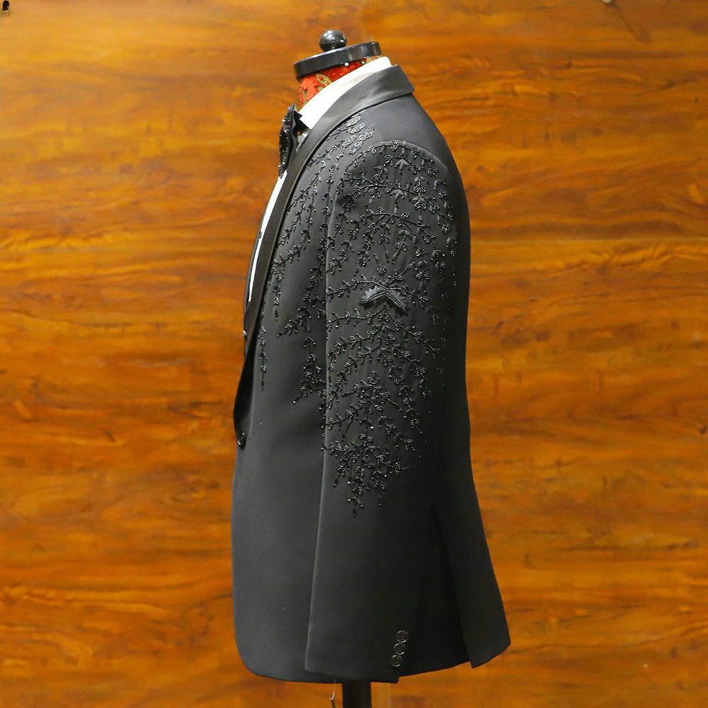 Costume 2 pièces noir pour homme, blazer et pantalon, avec appliques à paillettes et perles, smoking, haute couture, mariage, bal, grande taille, sur mesure