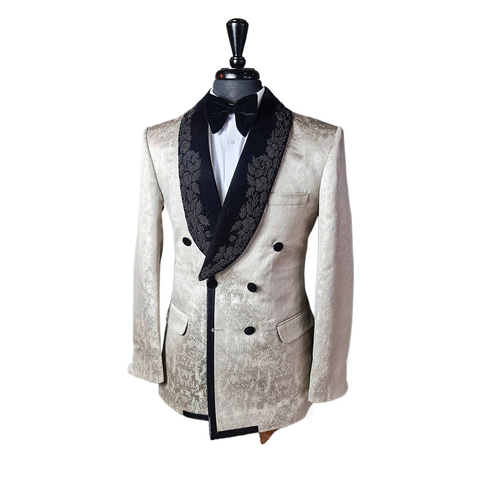 Costume de marié en jacquard champagne avec appliques en dentelle pour homme, ensemble 2 pièces veste et pantalon, blazer d'affaires décontracté et chic 