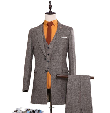 Smoking Tweed Men Wedding Suit 3 Pieces Long Jacket Groom Tuxedo men Suits Custom Made Slim Fit Groomsmen ( Jacket+Pants+Vest)