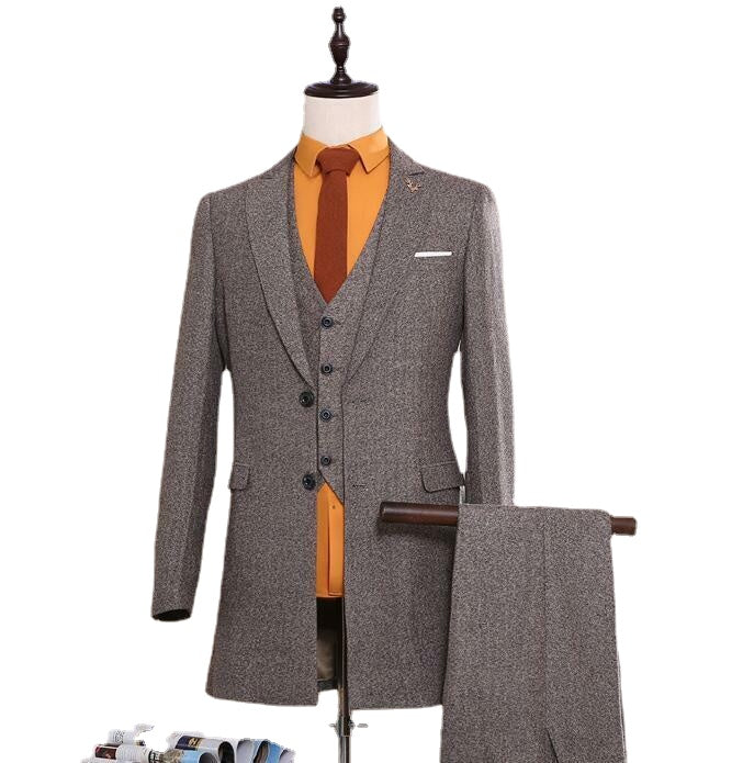 Traje de boda de tweed para hombre, de 3 piezas, chaqueta larga, esmoquin para novio, trajes de hombre a medida, corte entallado (chaqueta, pantalón y chaleco). 
