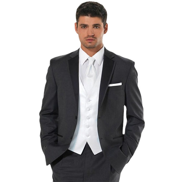 Traje de hombre gris oscuro de 2 botones, chaqueta, pantalón y chaleco, esmoquin de novio a medida con solapa de muesca, traje de fiesta para novio. 
