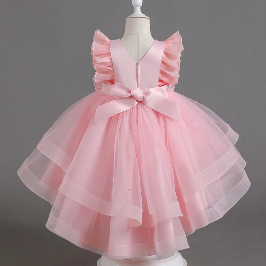 Pink Floral Embellished Ruffled Layered Tulle Girls Dress Sleeveless High Low Hem Toddler Party Gown