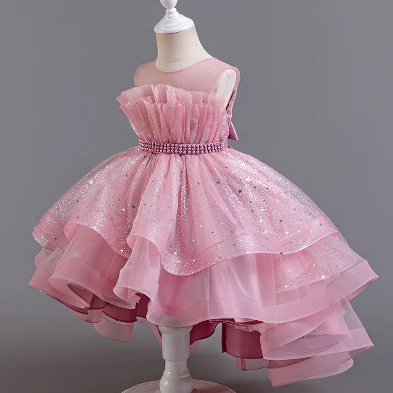 Vestido de tul rosa en capas con lentejuelas y corpiño con volantes para niñas 