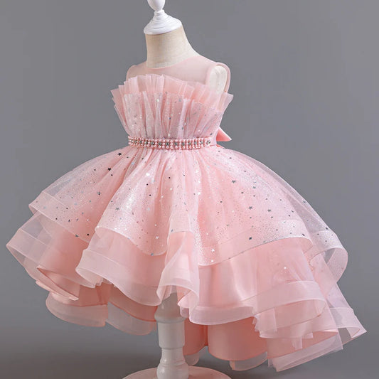 Vestido de tul rosa en capas con lentejuelas y corpiño con volantes para niñas 