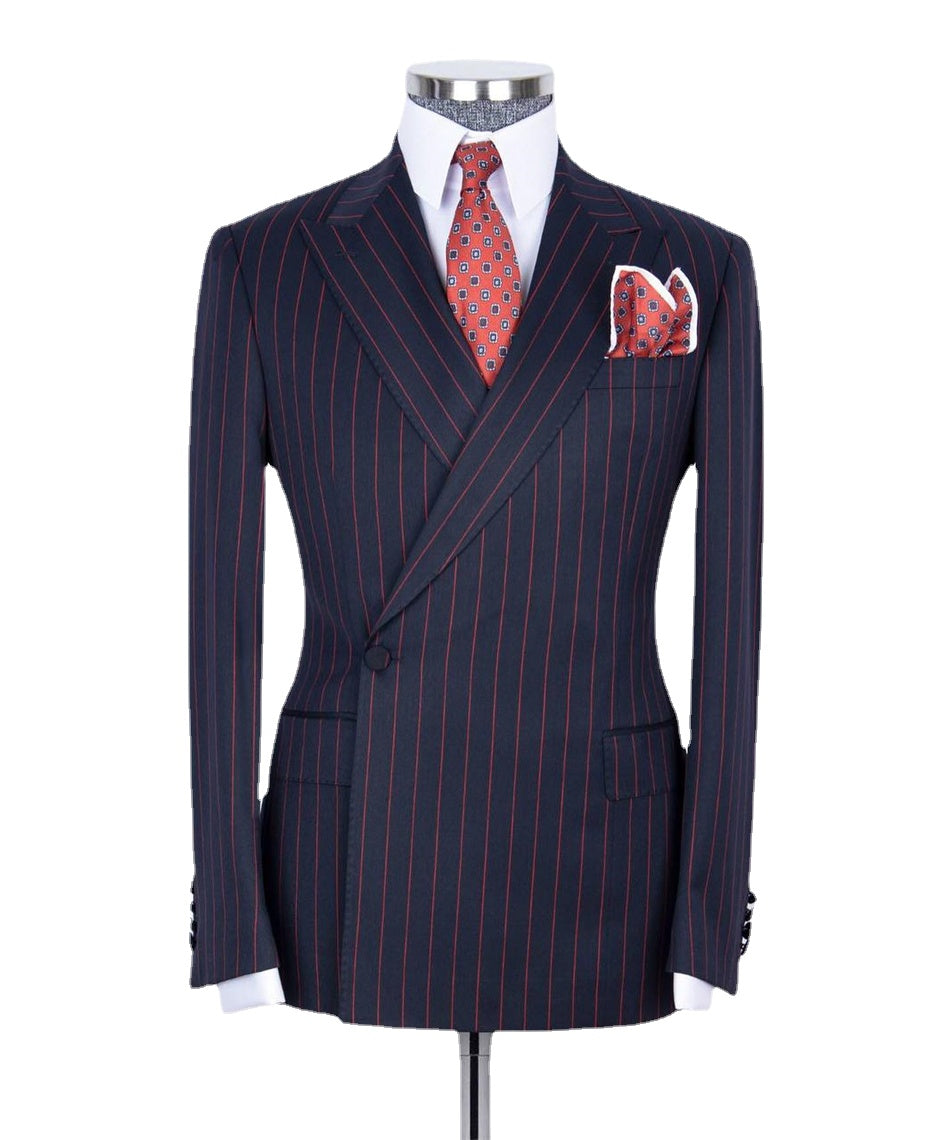 Navy Blue Striped Double Breasted Men's Suit for Wedding Groom Tuxedo 2pcs Blazer Pants Autumn/Winter Formal Business Wear Suits