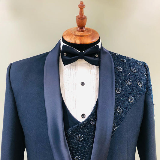 Blue Pearls Crystal Blazers Men Suits Fashion Banquet 3 Piece Business Jacket Vest Pants Trousers