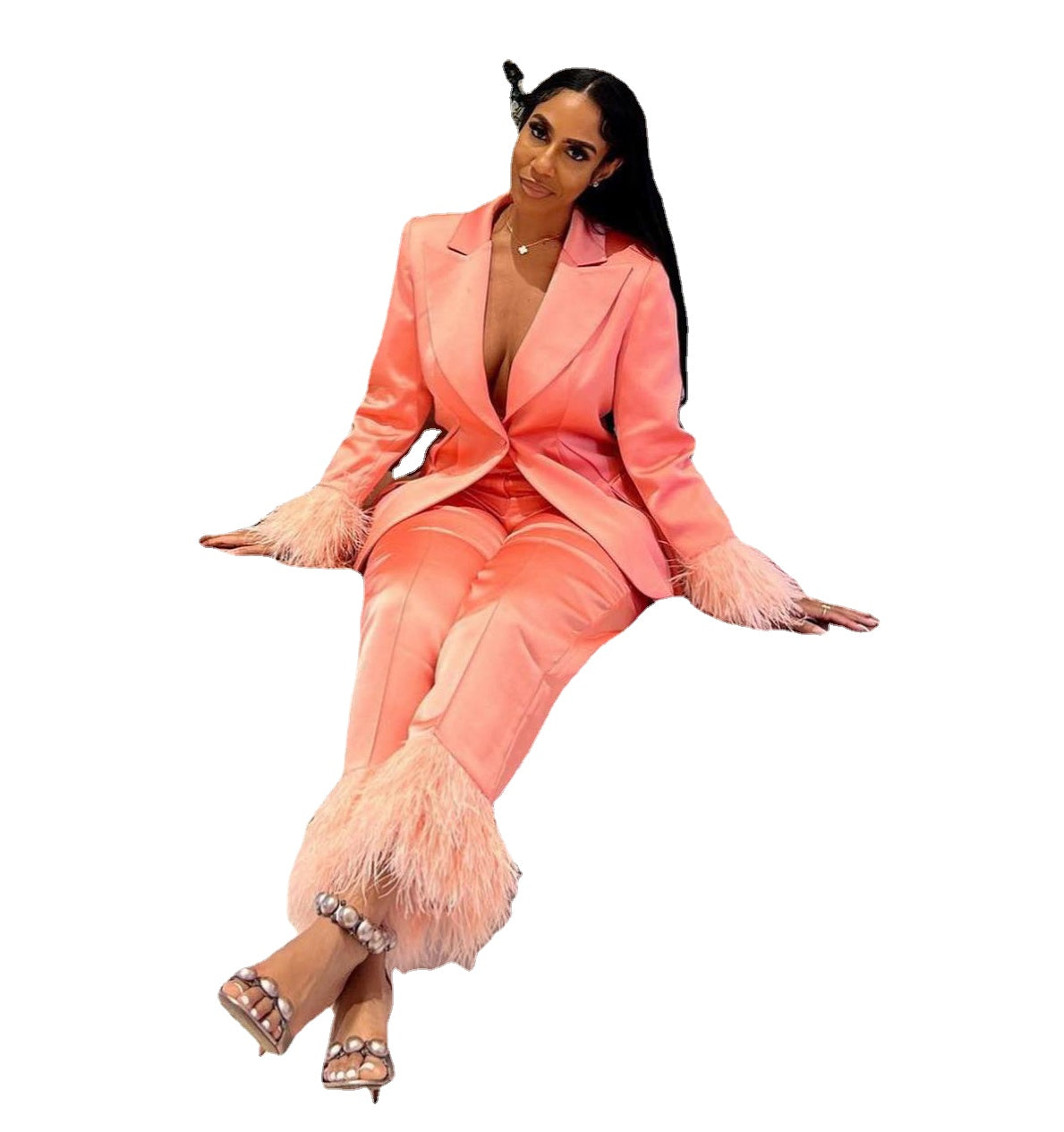 Trajes de pantalón de satén a medida para mujer, de plumas de avestruz, para baile de graduación, formales para boda, 2 piezas 
