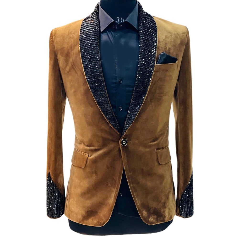 Khaki Velvet Groom Wear Formal Men Suits Black Beading Crystal 2 Piece Jacket Pants Sets Smart Casual Business Blazer