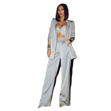 Celebrity Blazer Sets Spring Bright Gray Loose Pants Suits Women Casual Wear Tuxedos 2 Pieces