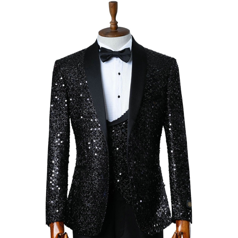 Black Sequined Groom Wear Formal Men Suits 3 Piece Jacket Vest And Pants Sets Smart Casual Business Blazer