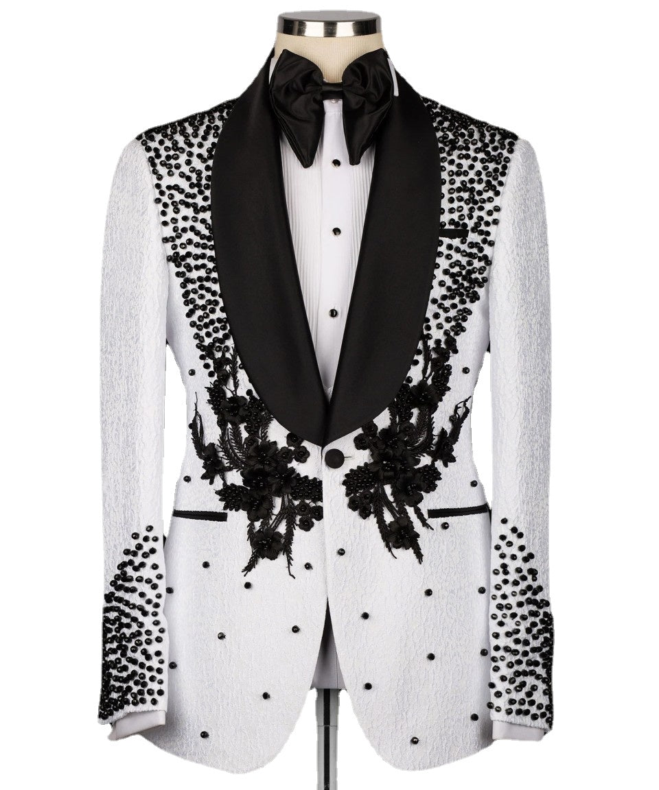Esmoquin de boda de lujo blanco, traje formal para novio, 3 piezas, corte entallado, apliques de cristales, traje a medida para fiesta de graduación 