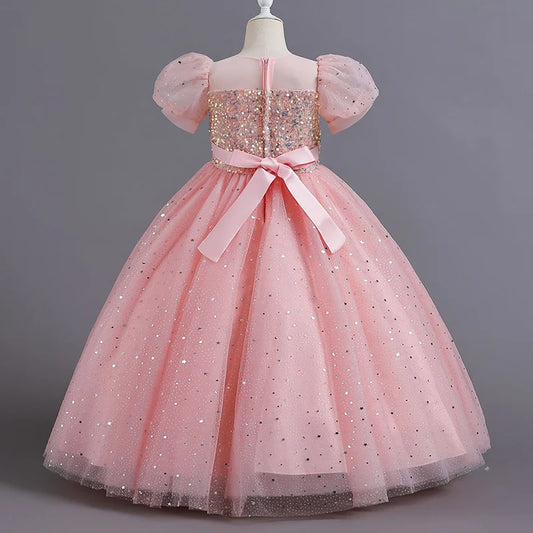Vestido de fiesta de tul rosa brillante con mangas abullonadas y lentejuelas para niñas 