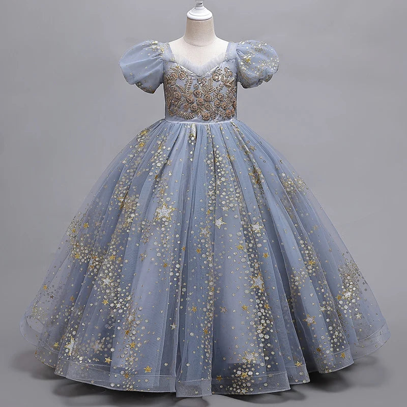 Girls Princess Blue Ball Gown Dress with Puff Sleeves and Star Sequins