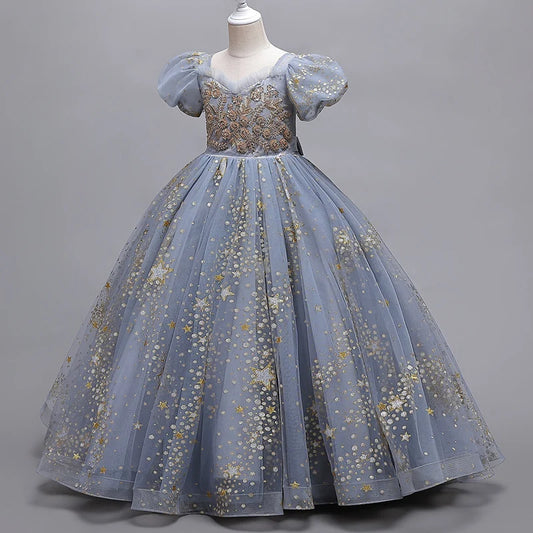 Girls Princess Blue Ball Gown Dress with Puff Sleeves and Star Sequins