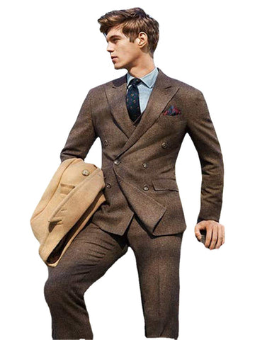 Brown Tweed Groom Wear Best Man Wear Tuxedos Wedding Dress Prom Dresses Business Suit 3Piece(Jacket+Pant+Vest)