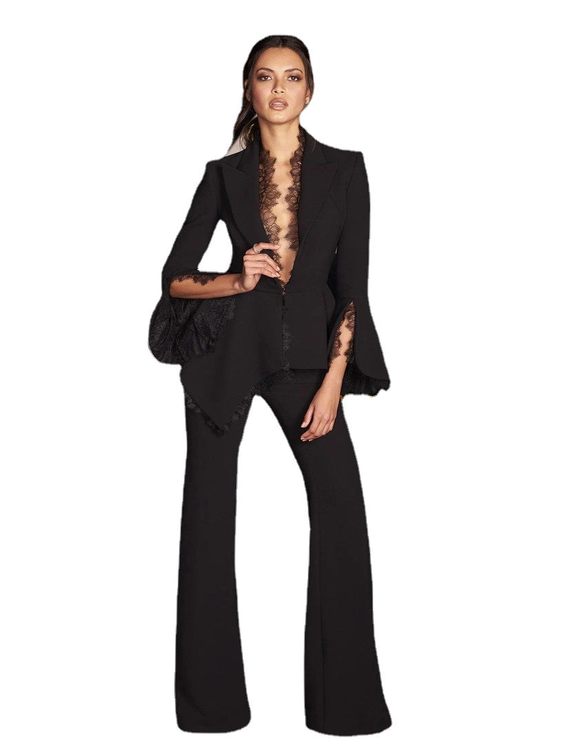 Esmoquin de boda de encaje negro para dama, traje de pantalón holgado, traje de fiesta de graduación, traje de dos piezas para invitados de noche, blazer de fiesta 