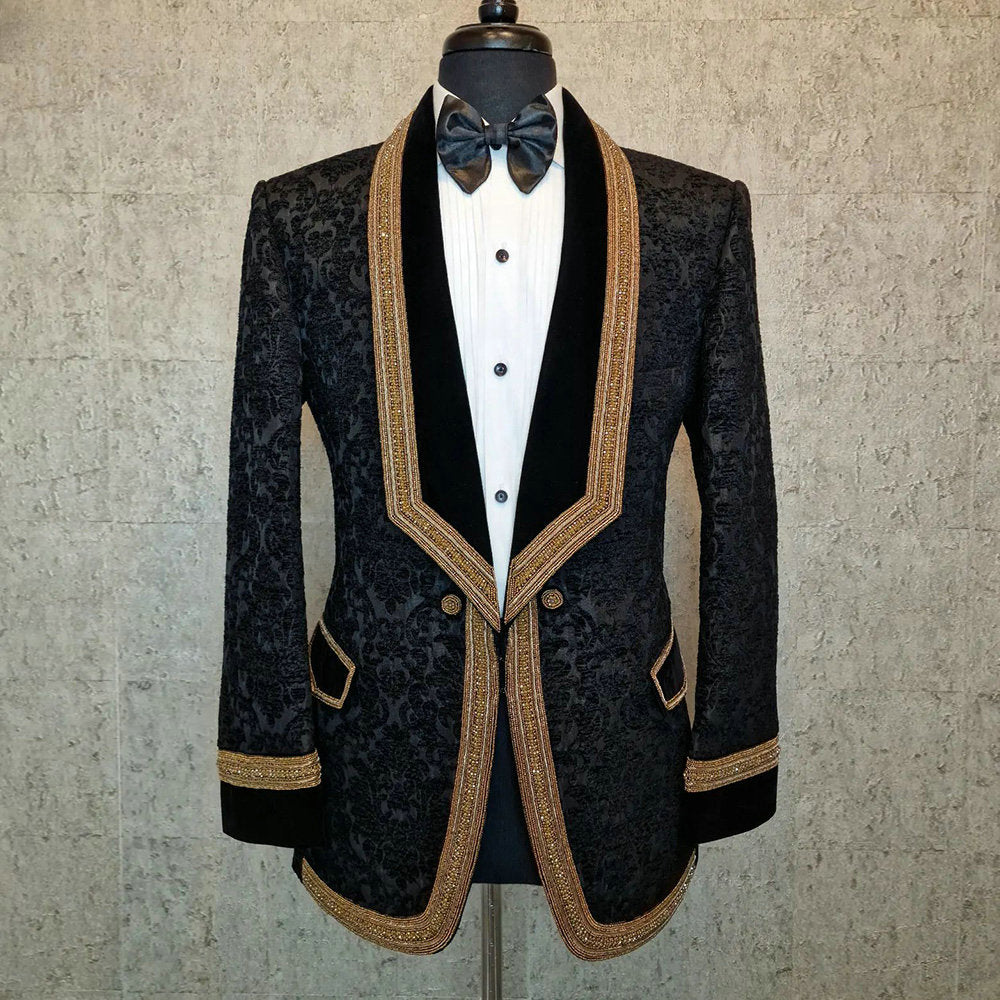 Black Jacquard Weave Men Suits Gold Edge Two Pieces Evening Party Blazer Groom Wear ( Jacket + Pants )