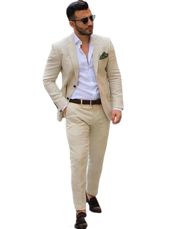 Beige Men Wedding Tuxedos Notch Lapel Slim Fit Groom Tuxedos Popular Dress Business Suits(Jacket+Pants