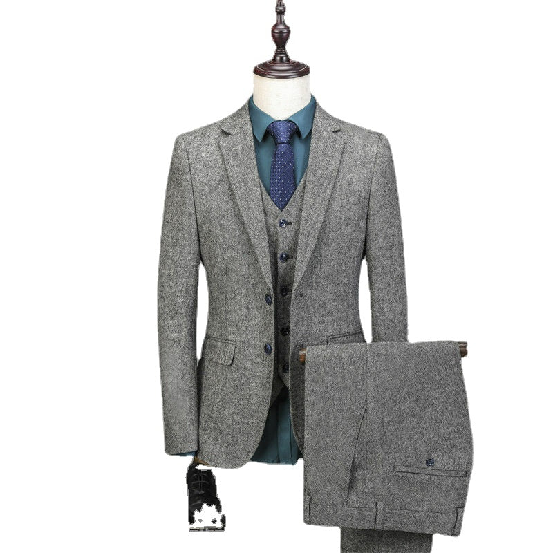 Men Vintage Suit 3 Pieces Tweed Fleck 2 Button Gray Wool Custom Made Men Suit (Jacket+Pants+Vest)