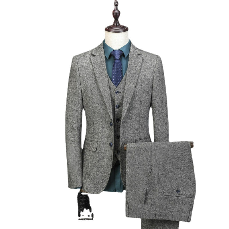 Traje vintage de 3 piezas para hombre, de tweed jaspeado, con 2 botones, de lana gris, hecho a medida (chaqueta, pantalón y chaleco). 