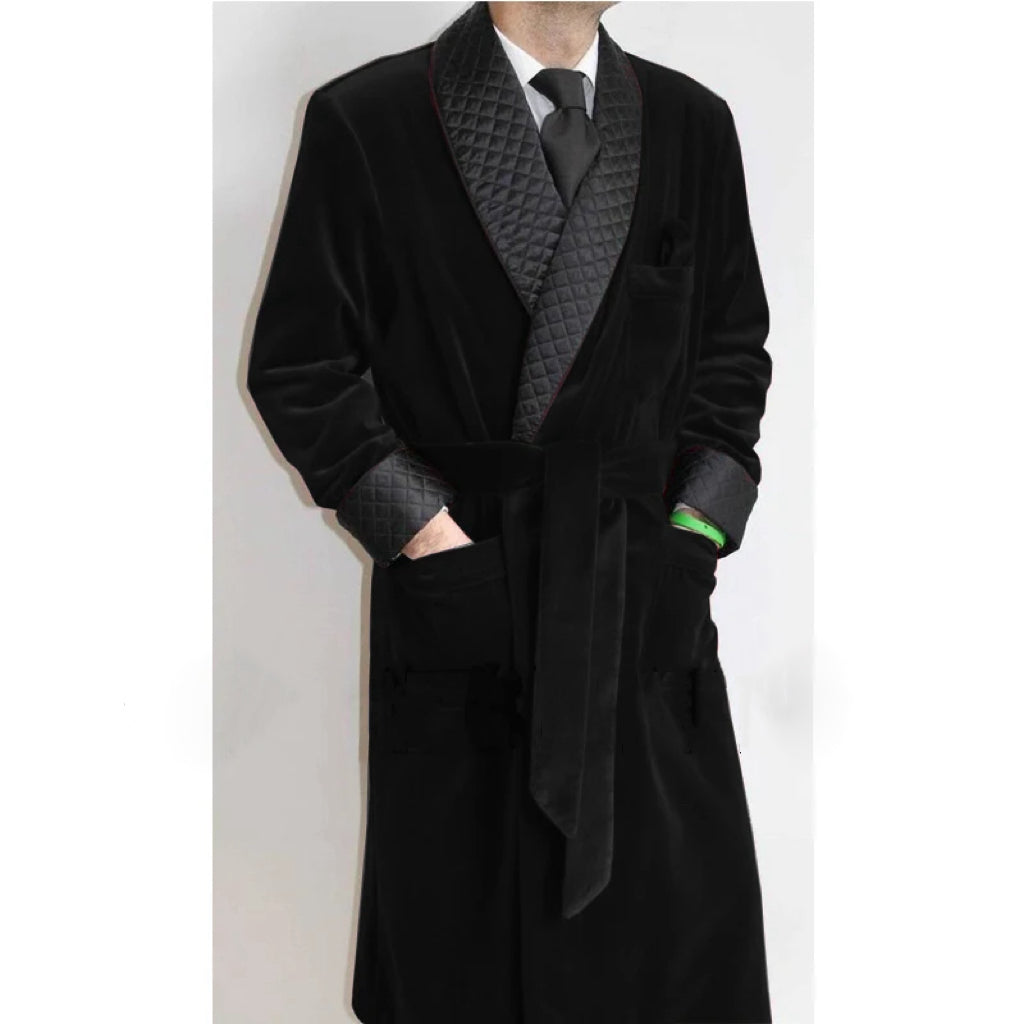 Custom Vintage Burgundy Velvet Smoking Jacket for Men Shawl Lapel Belted One Piece Design