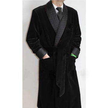 Custom Vintage Burgundy Velvet Smoking Jacket for Men Shawl Lapel Belted One Piece Design