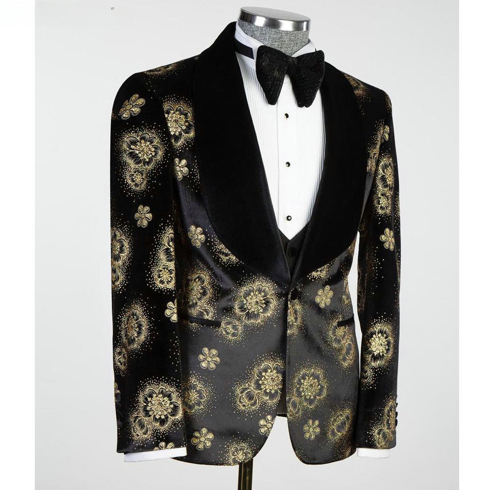 Trajes de hombre con estampado floral negro, para fiesta formal de noche, 3 piezas (chaqueta, pantalón y chaleco)