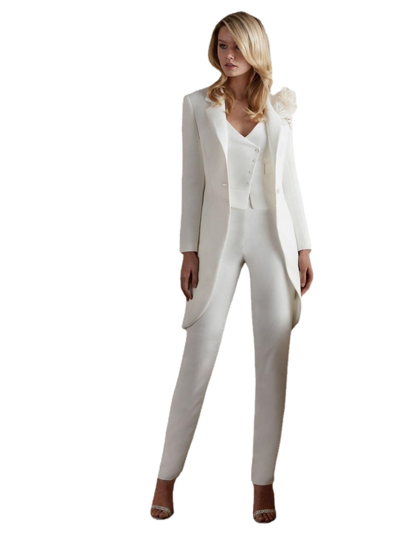 Lace 3 Pcs Women Suits Sets Blazer+Appliqued Vest+Pants Formal 3D Flower Long Jacket Mother Of Guest Prom Dress Wedding Tuxedo