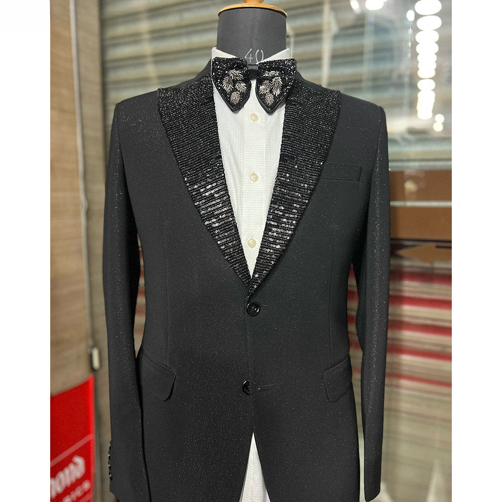 Costume homme noir à paillettes, ensemble 2 pièces, smoking de mariage, dîner, bal, blazer