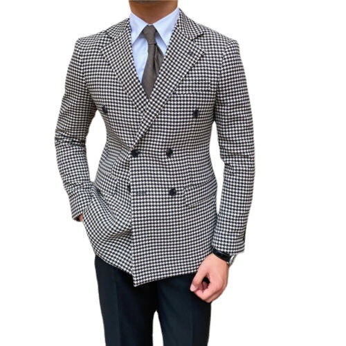 Costume de marié pied-de-poule sur mesure à revers cranté pour homme, veste croisée pour bal de promo ou mariage 
