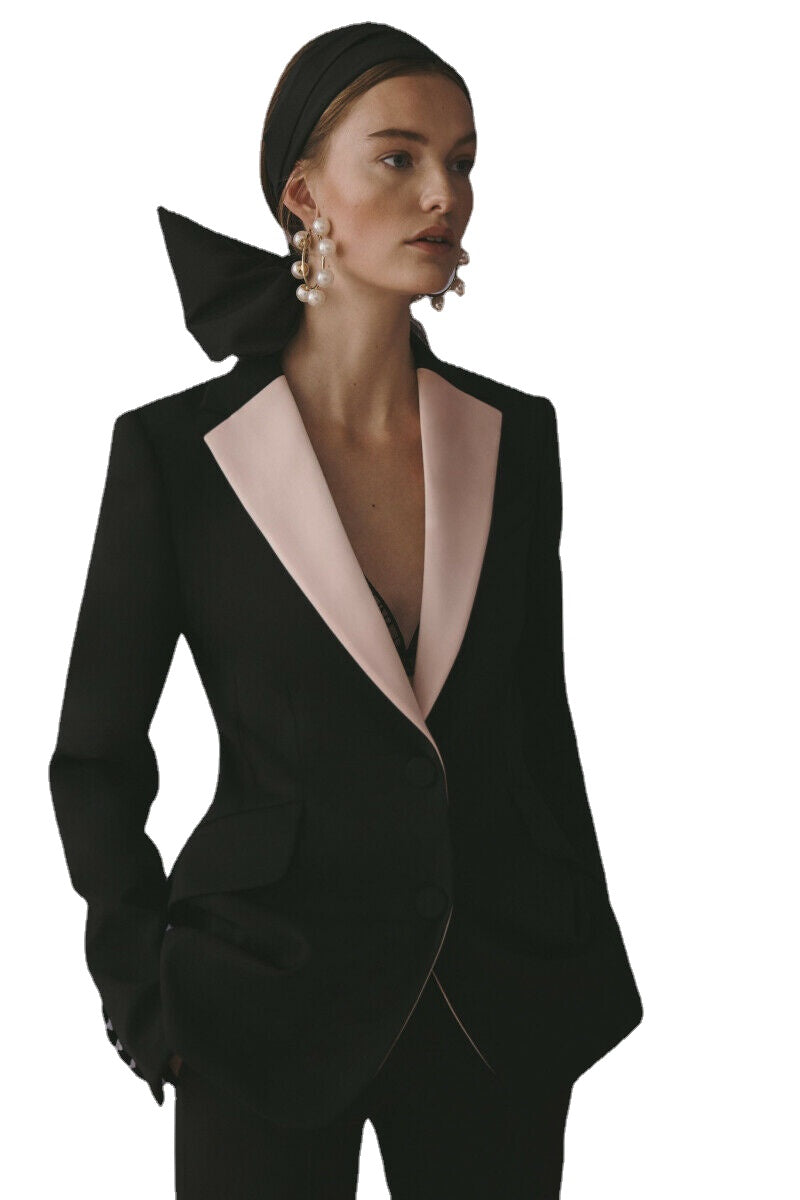 Ensemble blazer élégant à manches longues pour femme noire, sur mesure, deux pièces, tenue de travail assortie (veste + pantalon) 