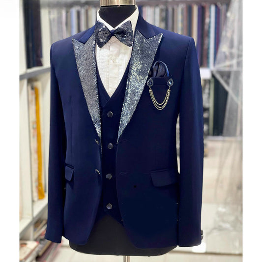 Trajes formales azul real para hombre, 3 piezas, con abalorios, moda de negocios, ropa informal, fiesta, boda, novio, esmoquin, chaqueta, chaleco, pantalones