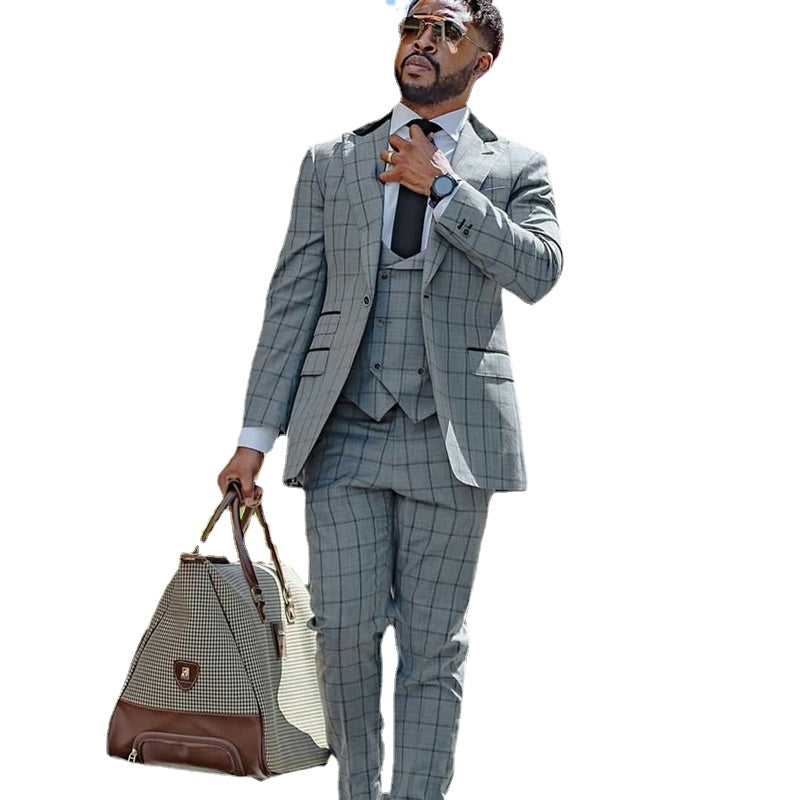 Tailored Winter Gray Check men Suits 3 Pieces Groom Best Man Pants Suit Business Wedding Blazer (Jacket+Vest+Pants)