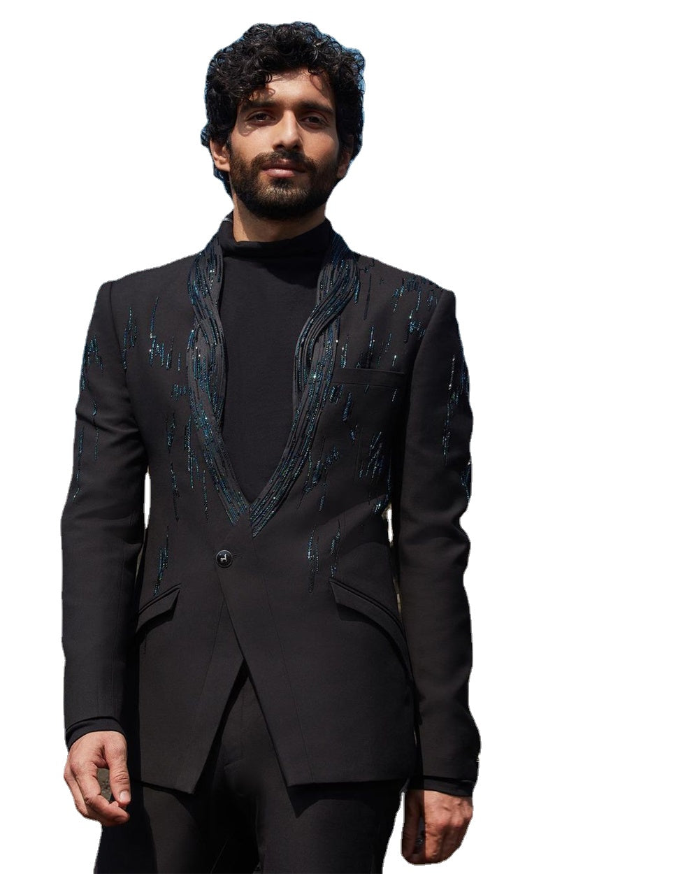 Smoking de mariage noir personnalisé pour homme, coupe slim, avec perles, pour dîner, bal, soirée (veste + pantalon) 